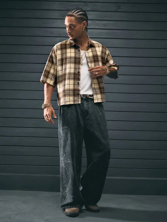 Men's Casual Short Sleeve Striped Print Shirt Loose Fit Button-Up Plaid and Solid Color Splice Design Khaki