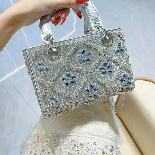 Women’s Light Luxury Small Shoulder Handbag – Genuine Leather, Rhinestone Accent, Large Capacity Dinner Bag