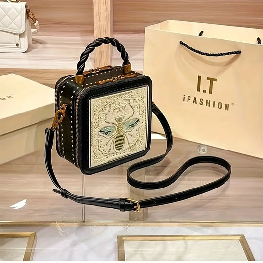 Vintage Bee Embroidered Tote Bag – Retro Geometric Design with Zipper Closure, Durable Handle & Two-Layer Construction for Casual and Formal Occasions