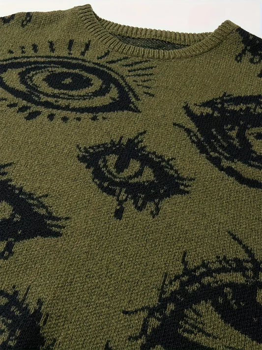 Eye Graphic Sweater – Unisex Streetwear Pullover, Black & White Knit, Fall Winter Fashion