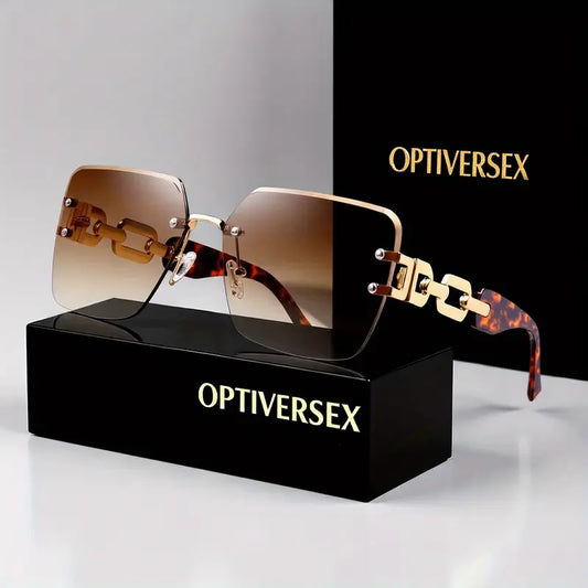 Luxury Oversized Square Fashion Glasses – Gradient Polycarbonate Lenses with Golden Metal Chain Temples, Includes Case & Cloth