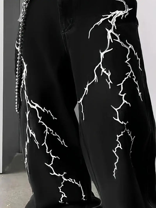 Men’s Retro Lightning Bolt Embroidered Jeans – Loose Straight-Leg, Cotton Blend, Versatile Streetwear