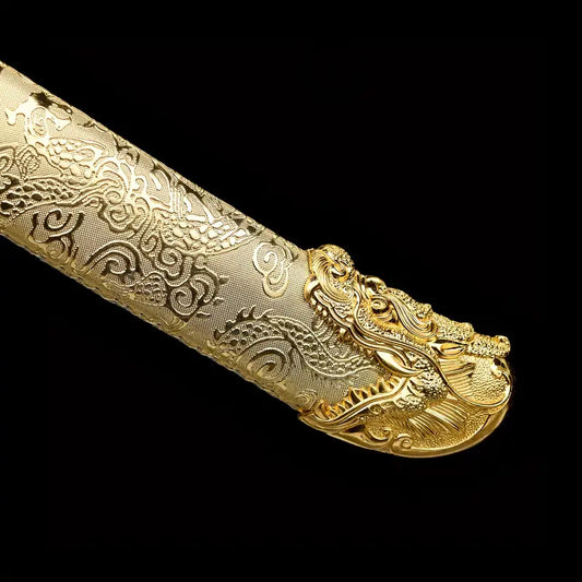 Handmade Golden Dragon Embroidery Sword – T10 Steel Blade, Cowhide Sheath, Decorative Collectible