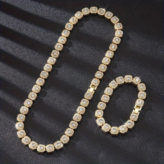 2pcs Vintage 18K Gold-Plated Cuban Chain Set – Stainless Steel Necklace & Bracelet with Synthetic Cubic Zirconia, Hip-Hop Style Jewelry for Men & Women