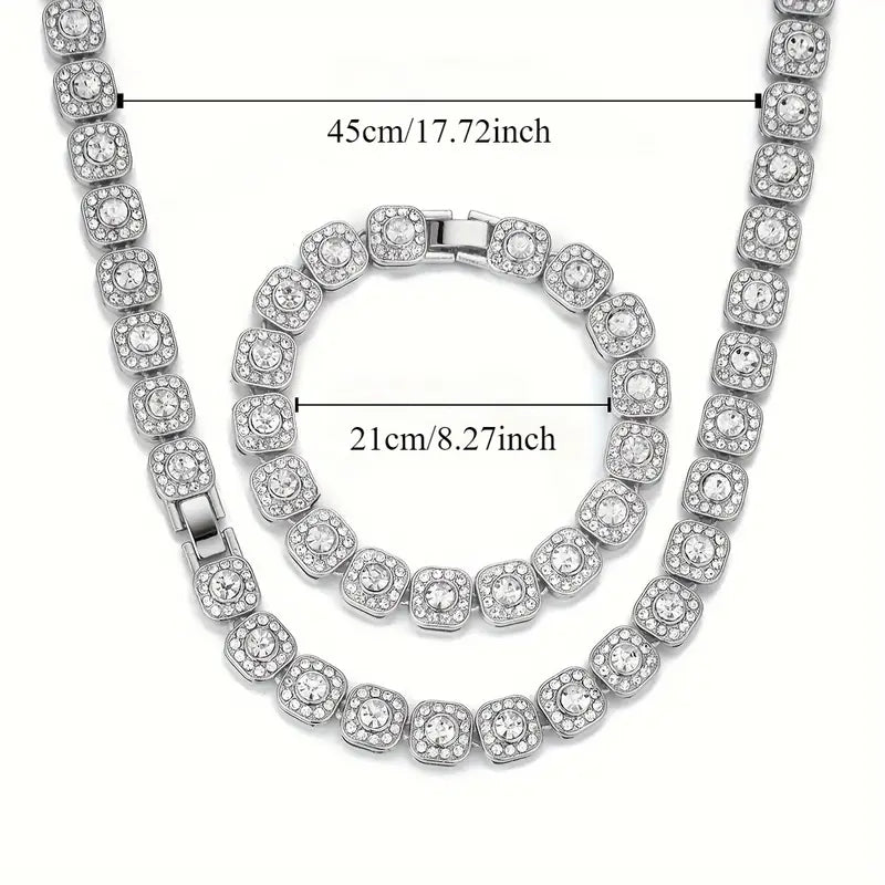 2pcs Vintage 18K Gold-Plated Cuban Chain Set – Stainless Steel Necklace & Bracelet with Synthetic Cubic Zirconia, Hip-Hop Style Jewelry for Men & Women
