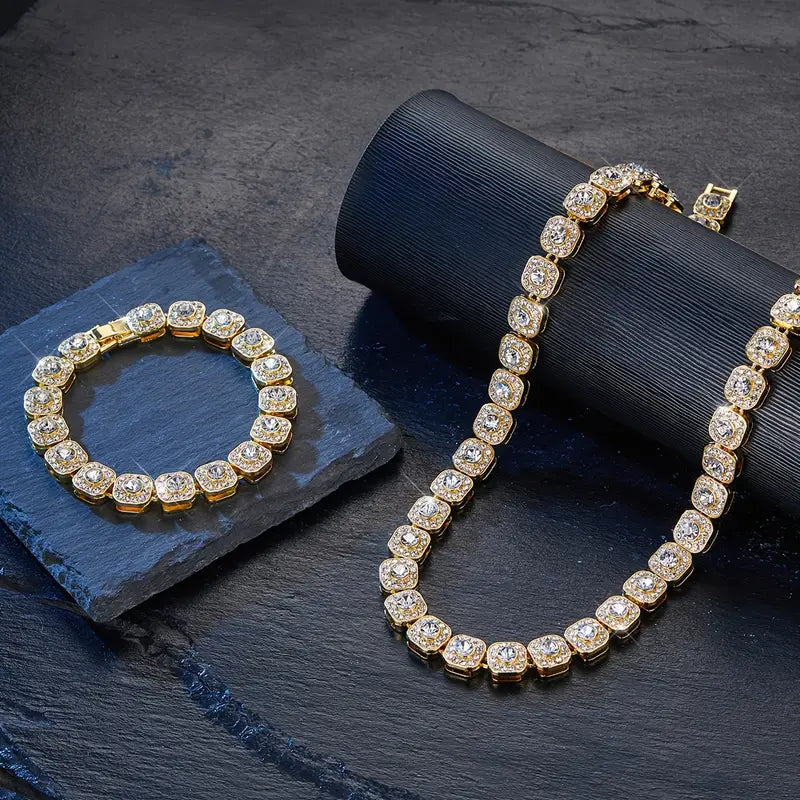 2pcs Vintage 18K Gold-Plated Cuban Chain Set – Stainless Steel Necklace & Bracelet with Synthetic Cubic Zirconia, Hip-Hop Style Jewelry for Men & Women