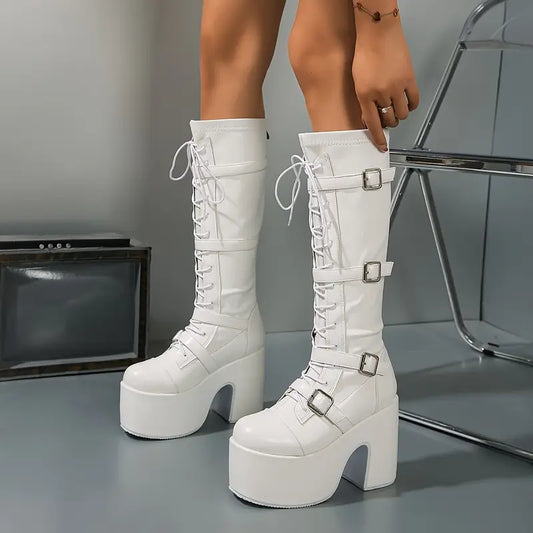 Y2K Punk Knight Over-the-Knee Platform Boots – Thick Block Heel, Lace-Up Front, Back Zipper, White Synthetic Cover