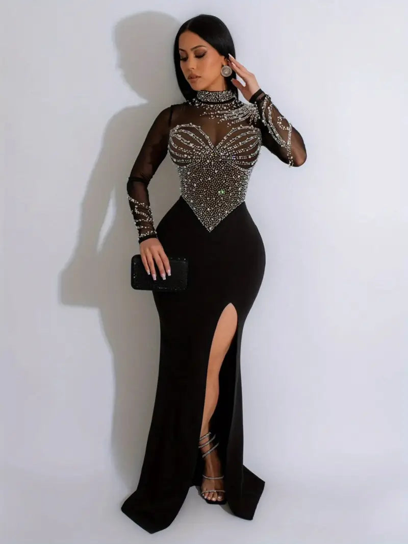 Round Neck Long Sleeve High-Slit See-Through Party Dress – Solid Color Mesh Evening Gown for Women