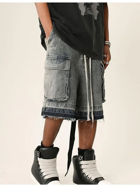 Men’s Y2K Goth Cargo Shorts – Baggy Denim Knee-Length with Multi-Pocket Streetwear Style