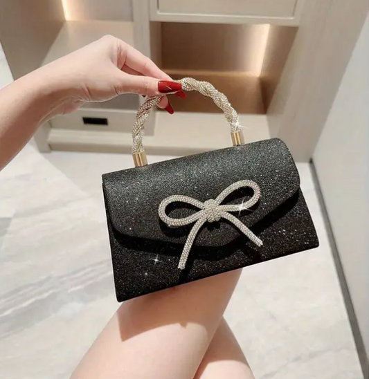Women's Luxury Shiny Evening Clutch – Square Glitter Handbag with Rhinestone Bowknot, Zipper Closure & Top Handle for Weddings, Prom & Formal Events