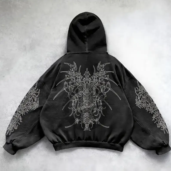 Women's Gothic Punk Y2K Oversized Hoodie with Tribal Print Vintage Washed Black Loose Fit Streetwear