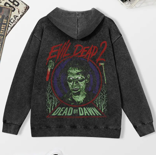 Men's Vintage Washed Hoodie Zombie Print Cotton Blend Long Sleeve Graphic Sweatshirt Fall Winter