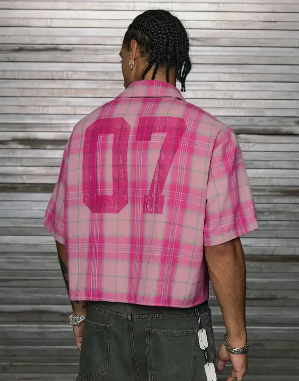 Men's Casual Short Sleeve Striped Print Shirt Loose Fit Button-Up Plaid and Solid Color Splice Design Khaki Crimson Pink