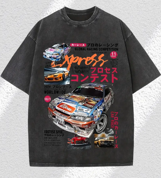 Men's Summer Street Style T-Shirt Racing Car Print Thick Cotton Vintage Washed Loose Fit Short Sleeve Tee