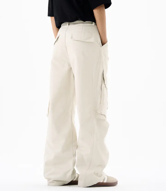 Men’s Cargo Pants – Loose Fit Draped Trousers with Large Pockets, Retro Streetwear Style Beige