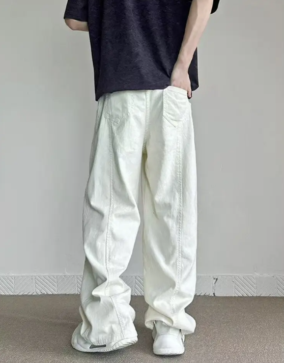 Men’s White Wide-Leg Jeans – Washed Straight-Leg Trousers with Loose Fit for Streetwear Style