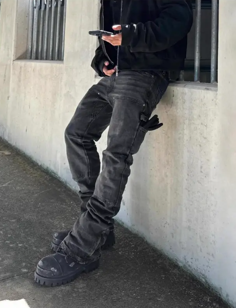 Men’s Stretch Denim Jeans – Heavy Stitching Straight-Leg Pants with Side Zipper & Streetwear Fit