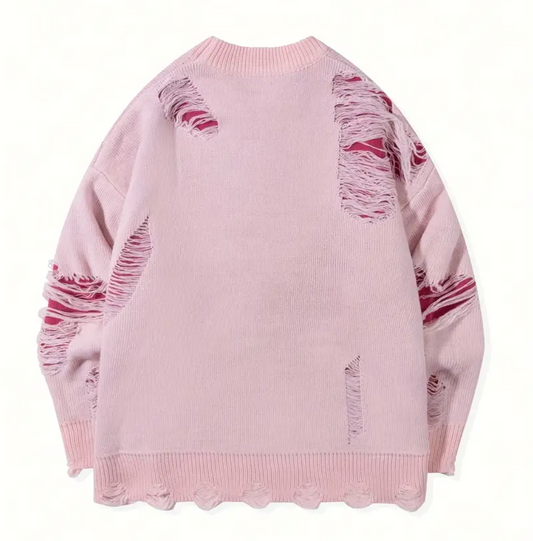 Oversized Gothic Fringe Sweater – Unisex Pink Pullover, Rose & Letter Print, Casual Fall/Winter Knitwear