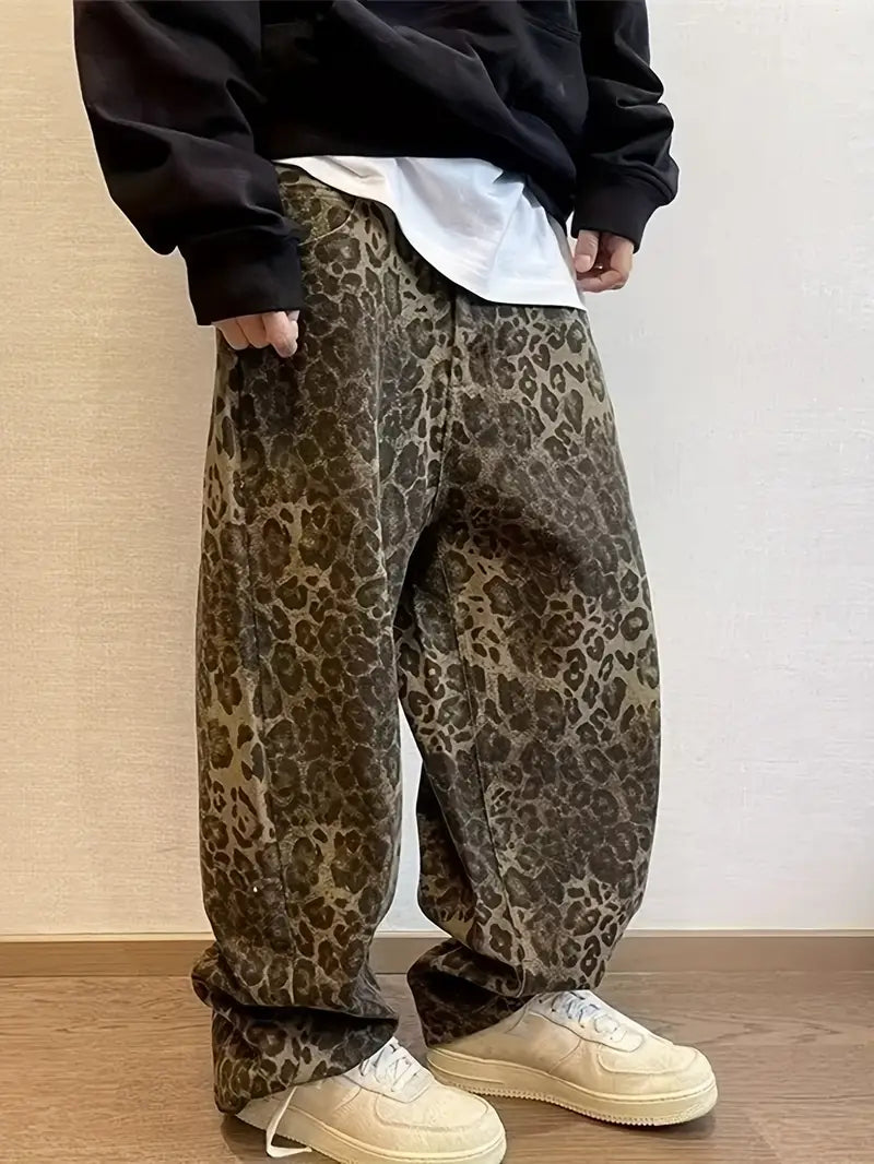 Men’s Leopard Print Jeans – American Retro Wide-Leg Denim Pants with Straight Fit for Streetwear