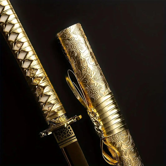 Golden Dragon Samurai Sword – High Manganese Steel, Ornate Tanto Blade, Riveted Handle, Historical Replica for Festive Displays