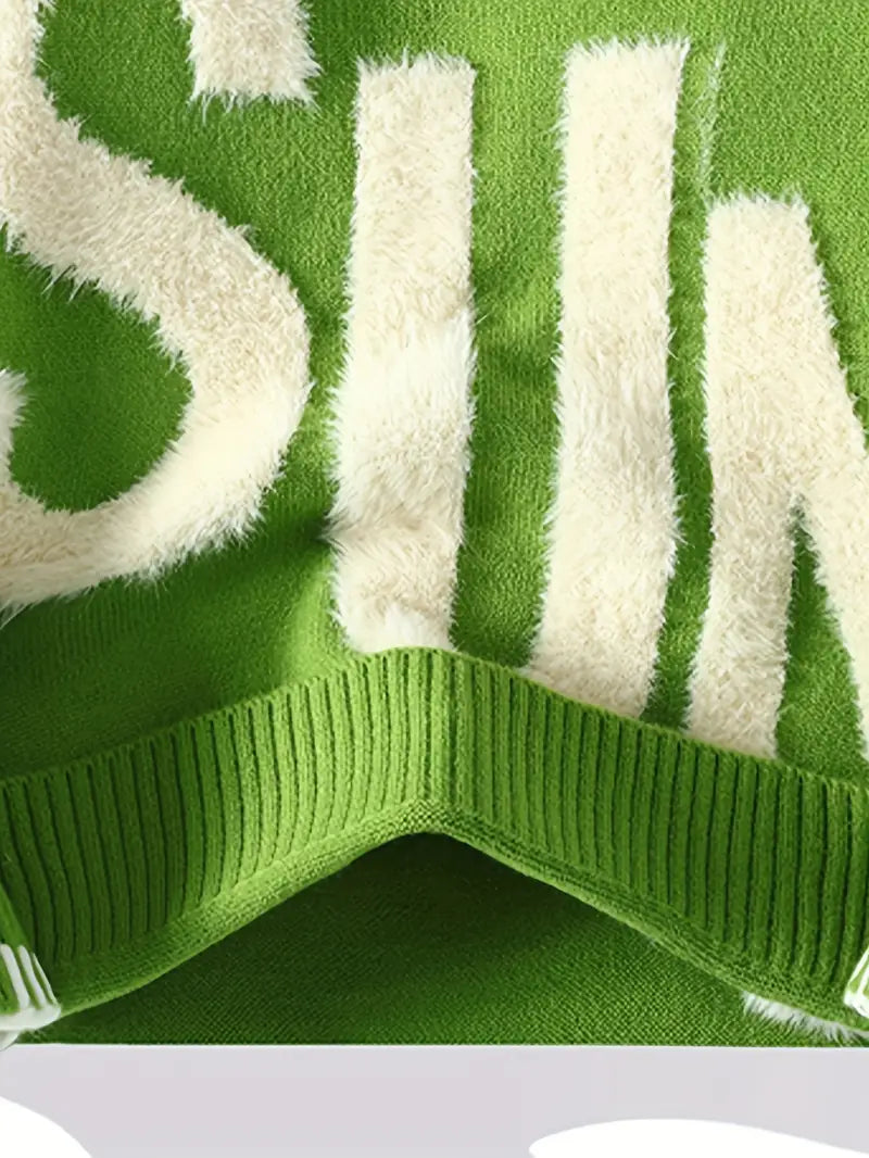 Men's Slim-Fit Winter Sweater – Fade Letter Pattern, Breathable Knit Pullover for Casual & Formal Wear