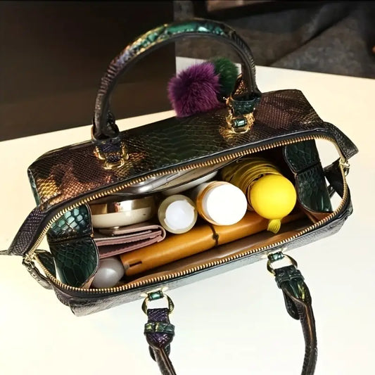 High-End Snake Print Genuine Leather Shoulder Bag – Vintage Style Mom Handbag with Zipper Closure, Edge Paint Detail & Lined Interior