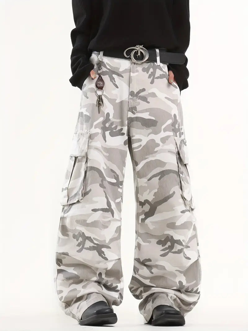 Unisex Camouflage Cargo Pants – Loose Fit Denim Trousers with Pockets for Hip-Hop Streetwear