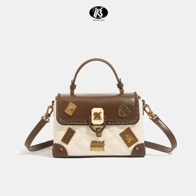 Women’s Small Square Handbag – Glossy Crossbody Purse with Emblem Badge Accent & Zipper Closure