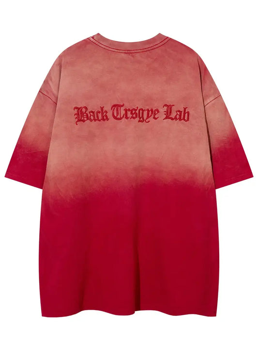 Men's Tie-Dye Gradient T-Shirt Short Sleeve Letter Embroidery Loose Fit Cotton Round Neck Summer Streetwear