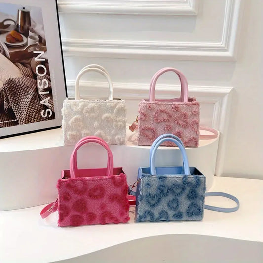 Women’s Summer Plush Small Square Handbag – Floral Heart Pattern, Zipper Closure, Detachable Strap, Multi-Color Crossbody Bag