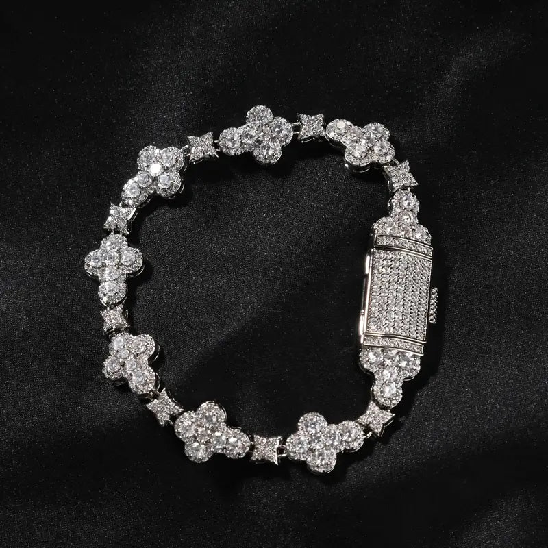 10mm Cross Flower Bracelet – Micro-Inset Zirconia, Shining Copper Hand Jewelry in Golden or Silvery Finish