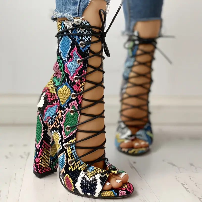 Women’s Chunky Heel Platform Lace-Up High Heels – Open-Toe Dress Shoes with Arch Support, Multicolor Synthetic Upper & TPR Sole