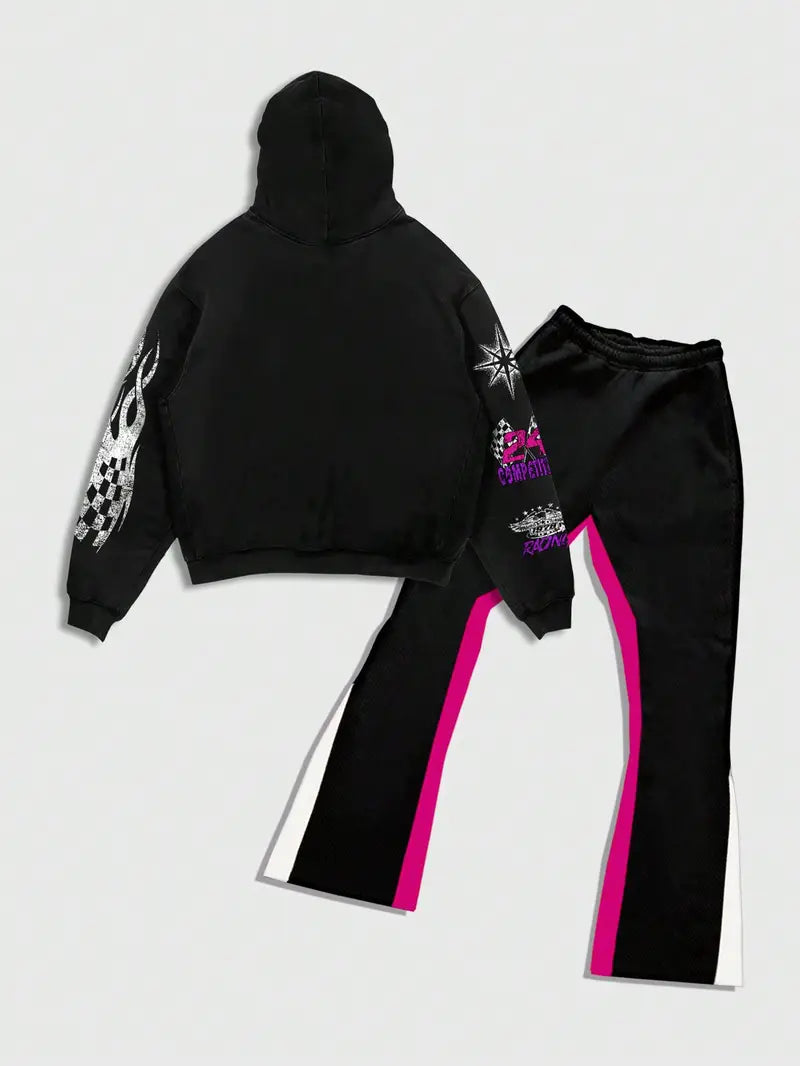 Men’s Black Hoodie Set – Pink & White Graphic Print Sweatshirt and Flared Pants for Streetwear