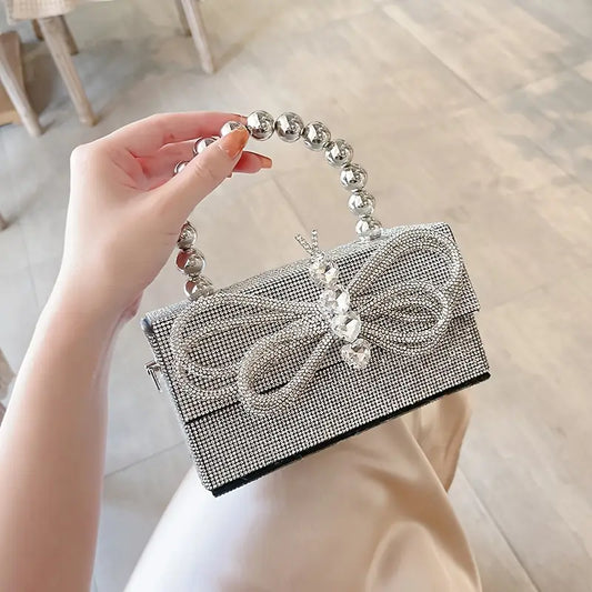 Elegant Mini Glitter Clutch – Bowknot Design Handbag with Buckle Closure, Silvery Finish for Evening & Banquet Wear