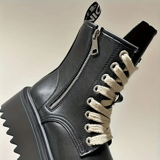 Men's Chunky Retro Boots – Height Boost, Side Zipper, Lace-Up, Thick Sole Streetwear Ankle Footwear