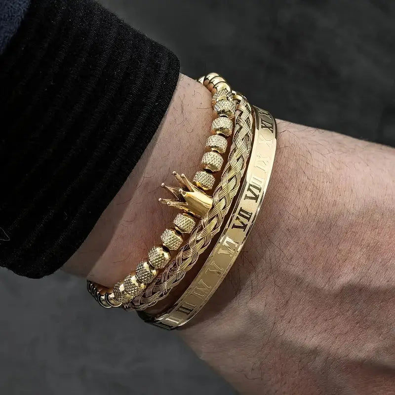 3-Piece Stainless Steel Roman Crown Bracelet Set – Glossy Woven Trend Design for Men & Women