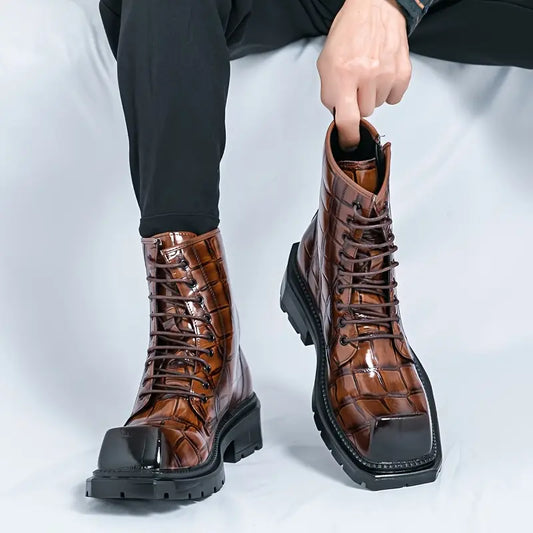 Men's Gothic Work Boots – Chunky Platform, Square Toe, Slip-Resistant Sole, PU Upper, Retro Style Brown