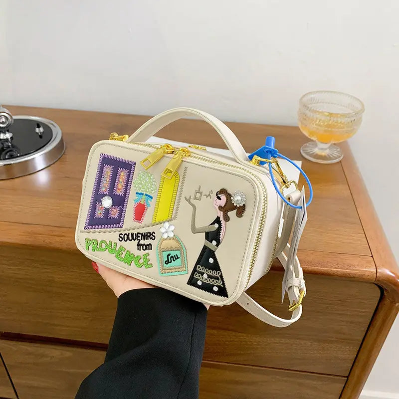 Women’s Retro Cartoon Shoulder Bag – Faux Leather Crossbody Purse with Floral Print