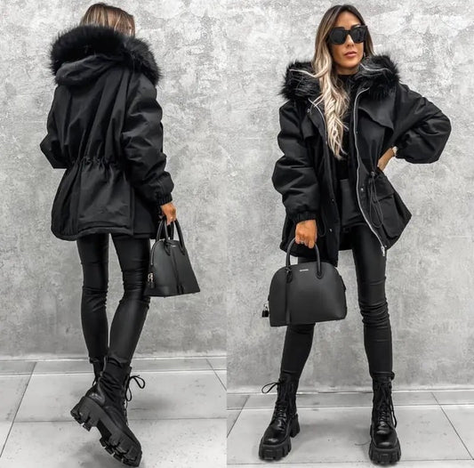 Women's Thick Fleece-Like Winter Jacket with Fur Collar Hood European Style Cold Weather Outerwear
