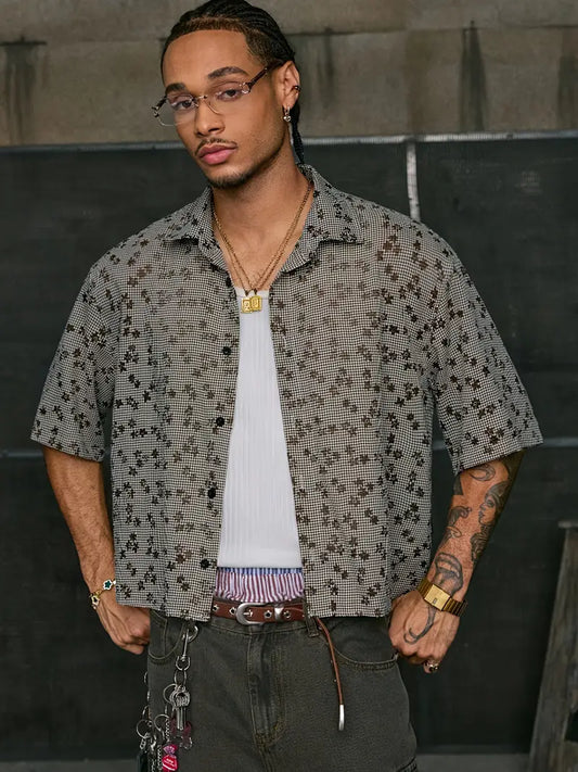 Men's Floral Print Short Sleeve Button-Up Shirt Loose Fit White Collar Brown Accents Summer