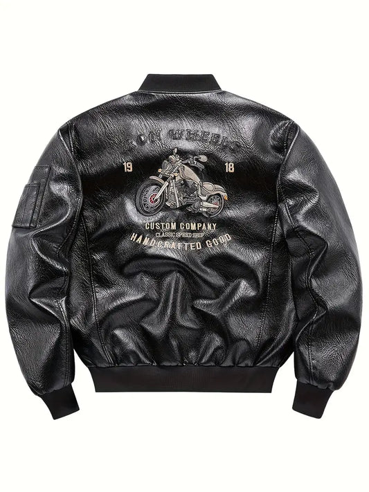 Men's Vintage Bomber Jacket PU Leather Zip-Up Baseball Collar with Patches Brown Glossy Outerwear