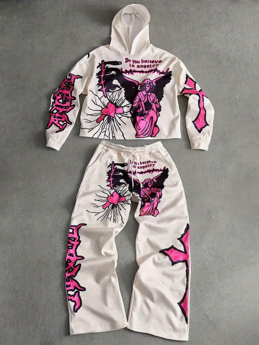 Men's 3D Angel Heart Hoodie Set Polyester Casual Streetwear Two-Piece Outfit with Graphic Sweatshirt & Pants White/Pink