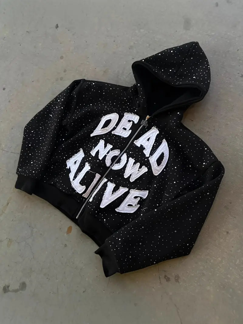 Women's Gothic Full-Zip Hoodie with Bold Letter Print Heavyweight Punk Rock Streetwear for Teens