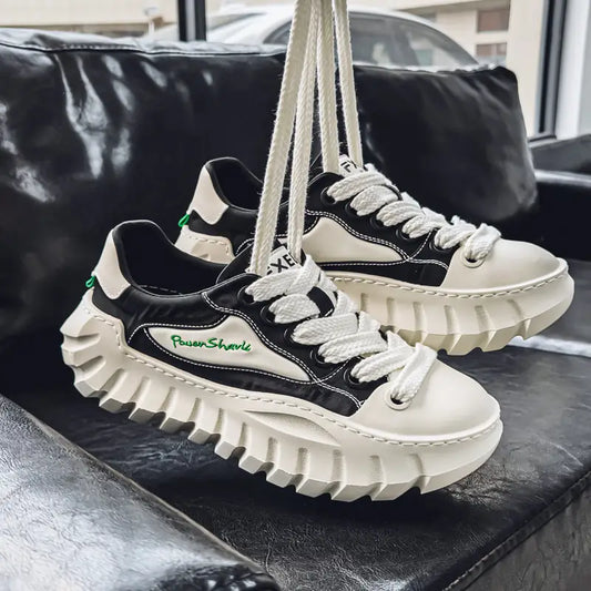 Men’s Stylish White & Black Platform Sneakers – Chunky Sole, Breathable Fabric Upper, Lace-Up Low-Top Design