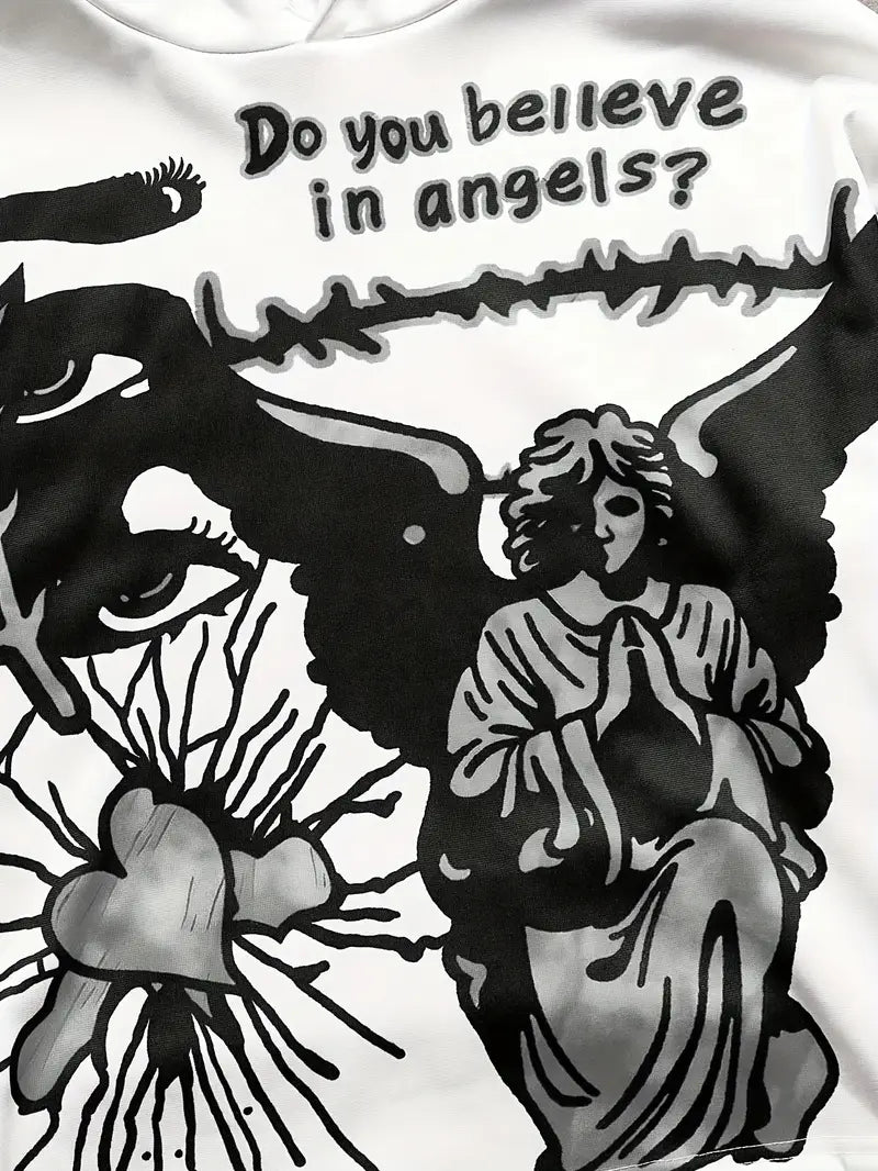 Men's 3D Angel Heart Hoodie Set Polyester Casual Streetwear Two-Piece Outfit with Graphic Sweatshirt & Pants White/Black