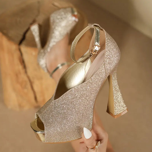 European & American Super High-Heeled Shiny Sandals – Sexy Waterproof Platform Fishmouth Shoes with Flare Heel & Square Toe for Parties & Fashion Events