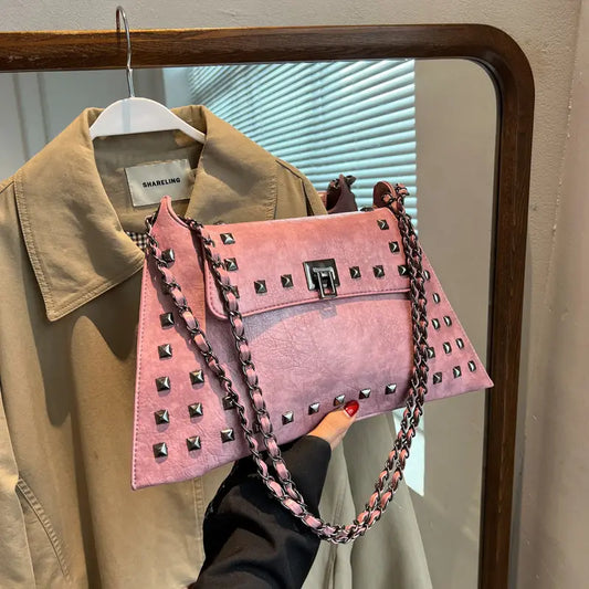 Vintage Envelope Crossbody Bag – PU Leather Shoulder Purse with Chain Strap, Rivet Details & Zipper Closure