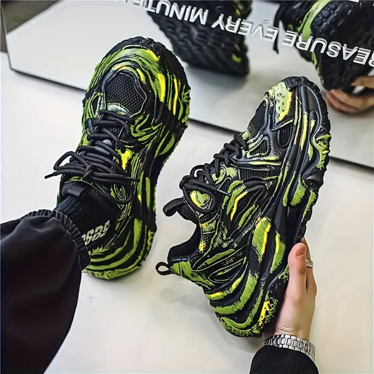 Men’s Chunky Platform Sneakers with Thick Height-Increasing Sole – Neon Green & Black, Round Toe Synthetic Upper, Arch Support, Cushioned Insole, Graffiti Style Casual Shoes for Parties, Office, Everyday Wear