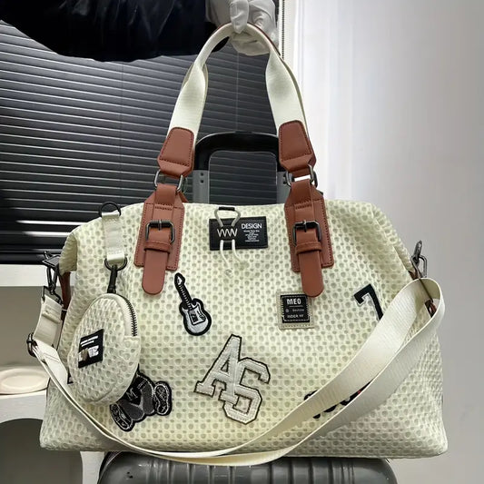 Women’s Fashionable Nylon Shoulder Bag – Large-Capacity Travel Tote with Coin Purse & Teddy Bear Print, Casual Vacation Handbag