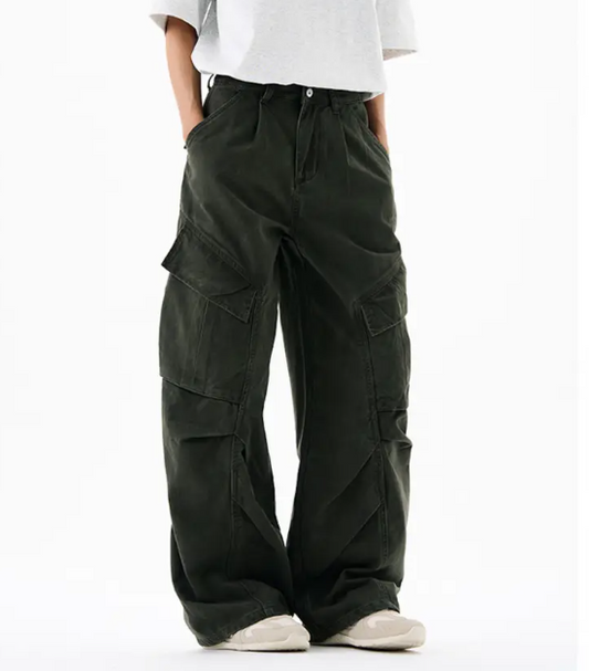 Men’s Cargo Pants – Loose Fit Draped Trousers with Large Pockets, Retro Streetwear Style Army Green